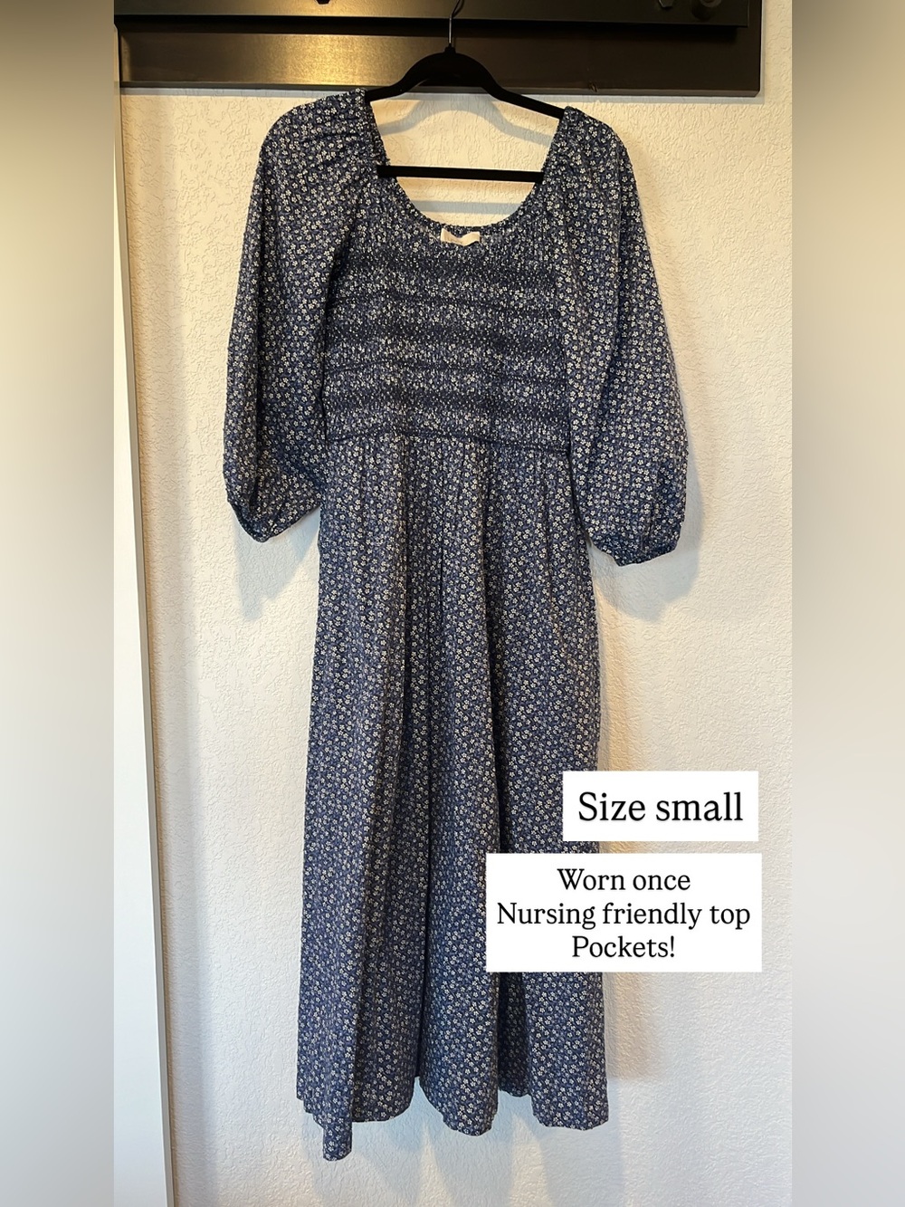 Blue Floral Smocked Midi Dress - Picture 4 of 4